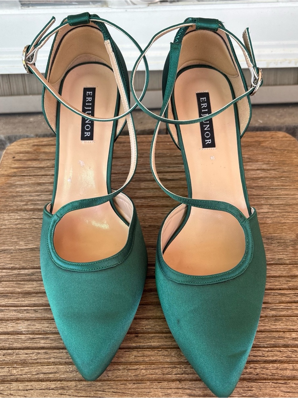 Erijunior Emerald Green Satin Pointed-Toe Ankle-Strap Heels 9.5
